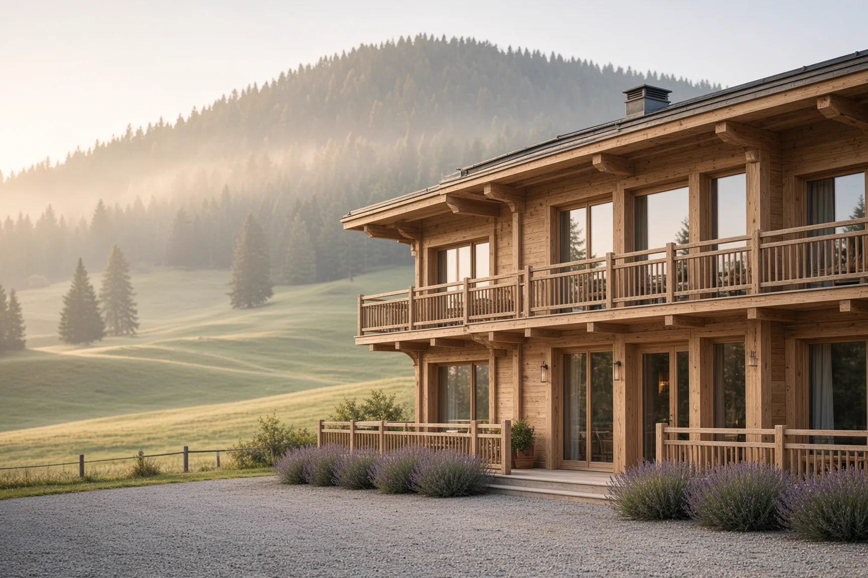 Landhotel in den Alpen am Morgen