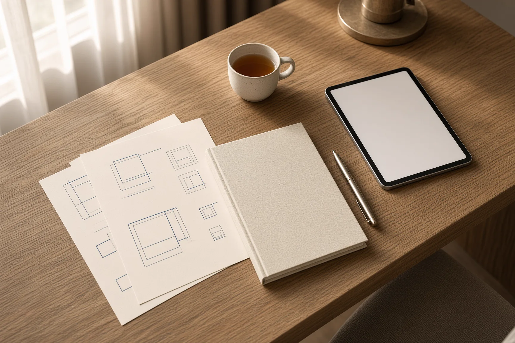 Unterlagen, Tablet und Tee auf einem Holzschreibtisch