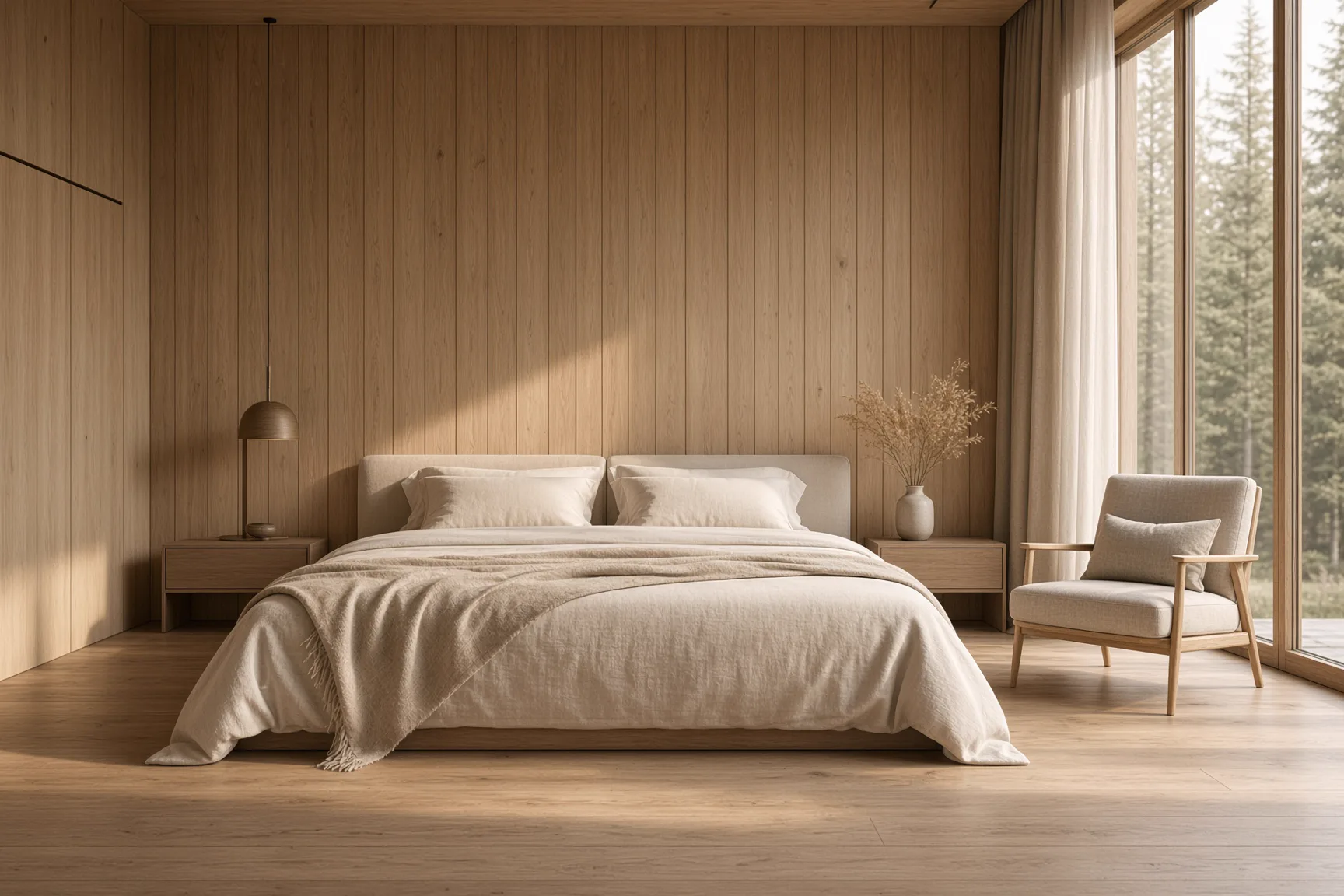 Ruhiges Hotelzimmer mit Holzwand und Bett
