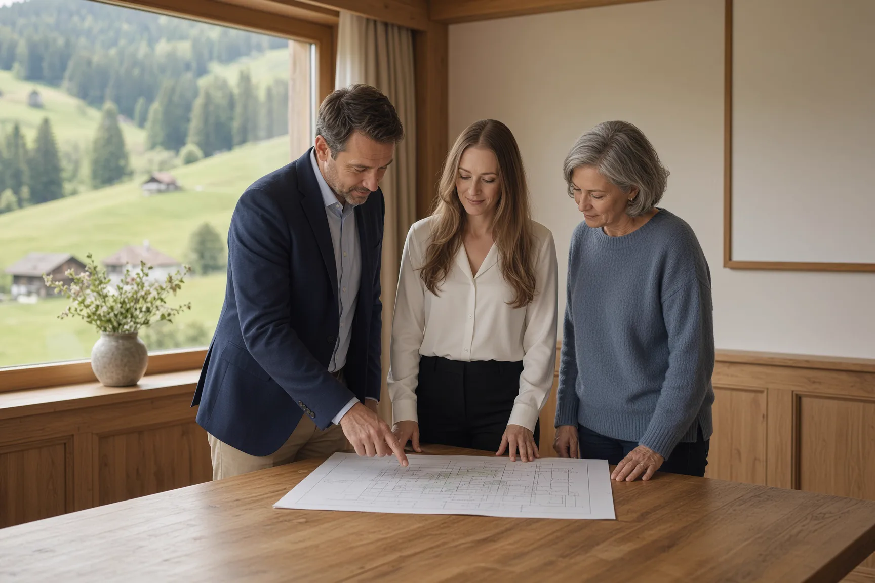 Team bespricht einen Plan im Seminarraum