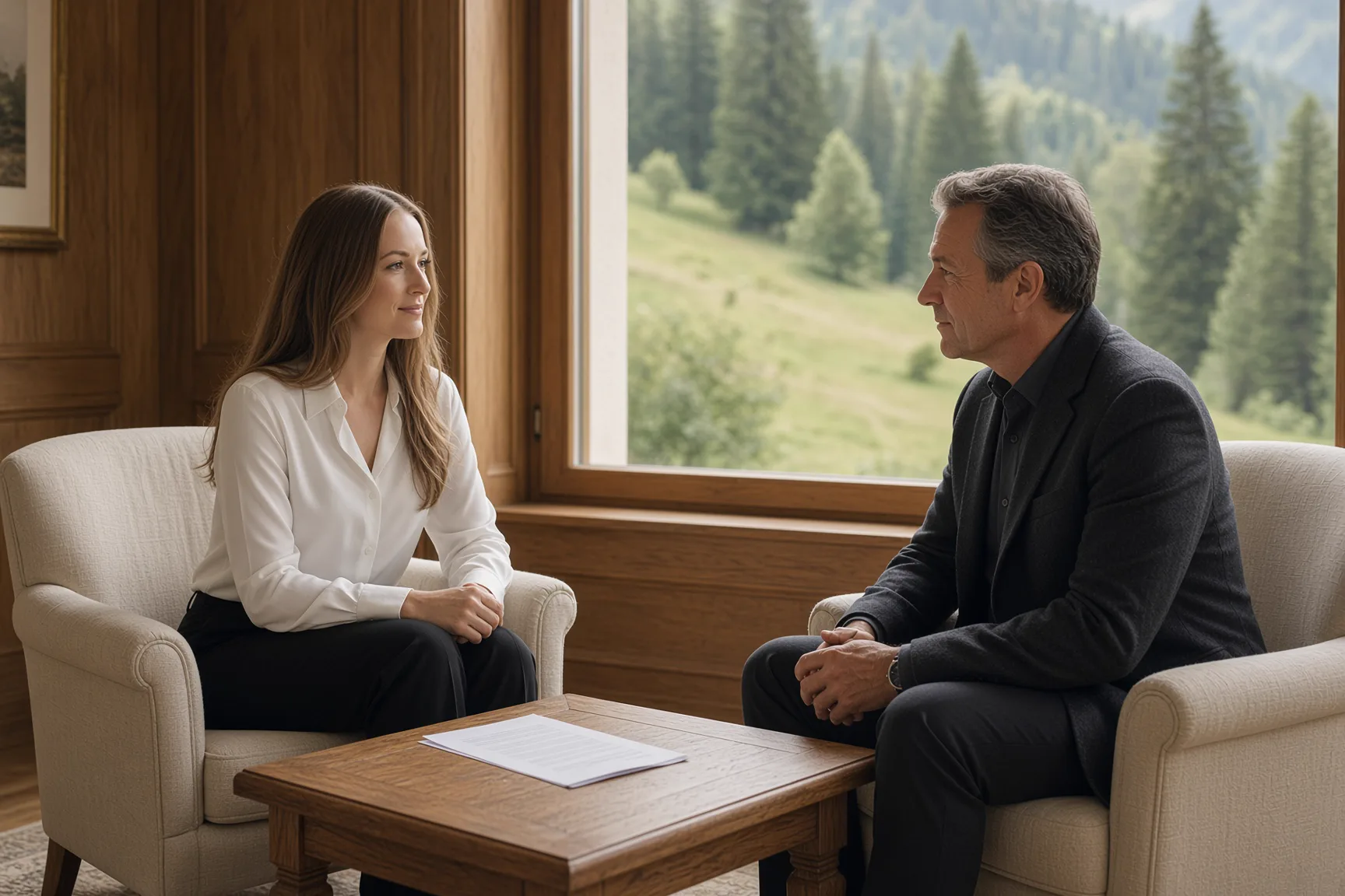 Gespräch zwischen Hotelmanagerin und Handelsagentin in einem Hotelzimmer