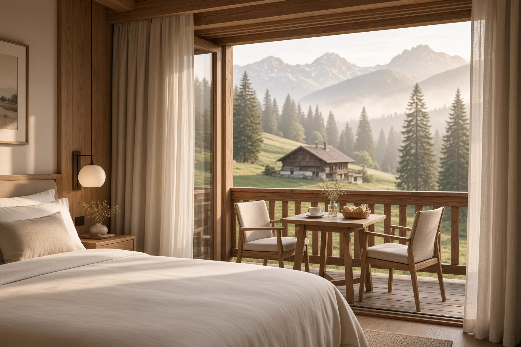 Hotelzimmer mit Balkon und Blick auf die Alpen