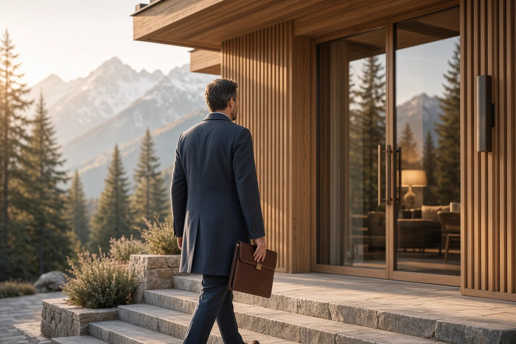 Vertriebspartner betritt am Morgen ein Alpenhotel